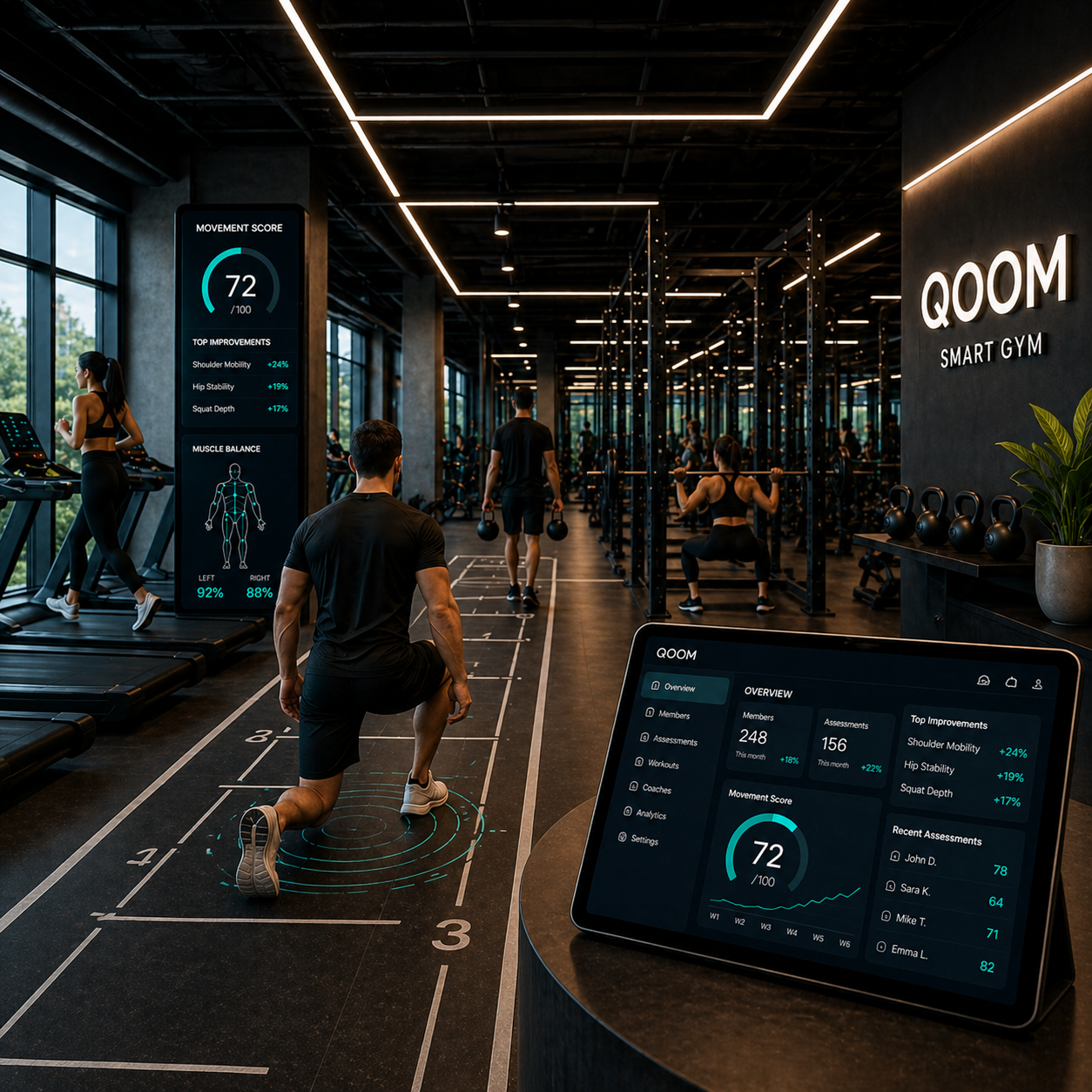 A coach reviewing member movement data with an athlete in the gym