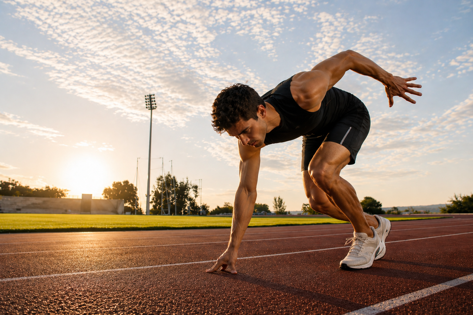 An athlete sprinting from the starting line on a sunset running track
