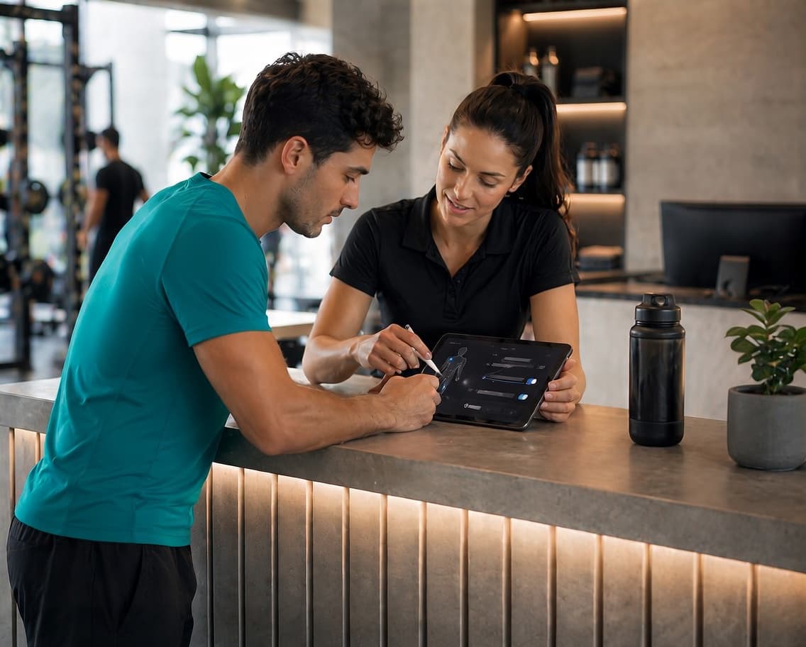 A coach and an athlete reviewing a movement-analysis session together