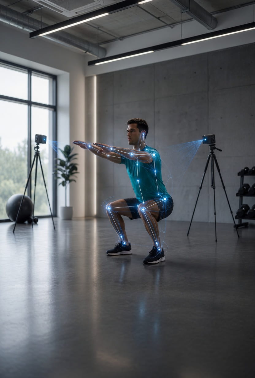 An athlete mid-squat with a pose-estimation skeleton overlay, captured by two tripod-mounted phones in a gym
