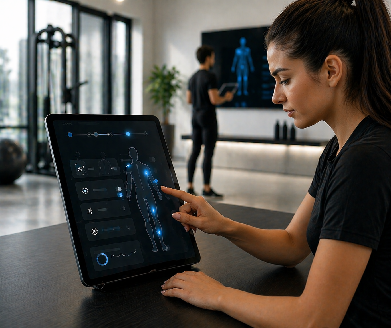 A coach driving a guided capture on a tablet with a body-region selector, while a second coach reviews the reconstructed body model on a wall display
