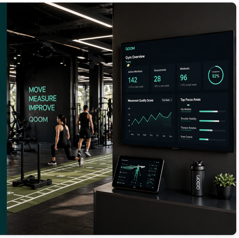 A modern gym with a wall-mounted movement-quality dashboard beside athletes training